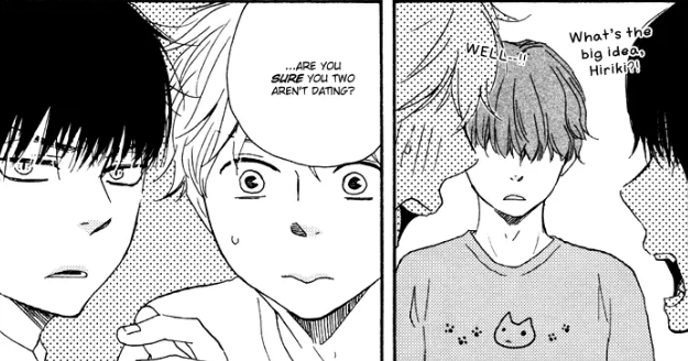 Manga panel in which Gorou asks Hiriki and Endo if they're sure they're not dating.
